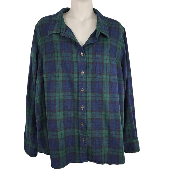 LL Bean Womens Flannel Shirt XL Petite Blue Green Button Plaid Fitted Outdoor - Picture 1 of 9